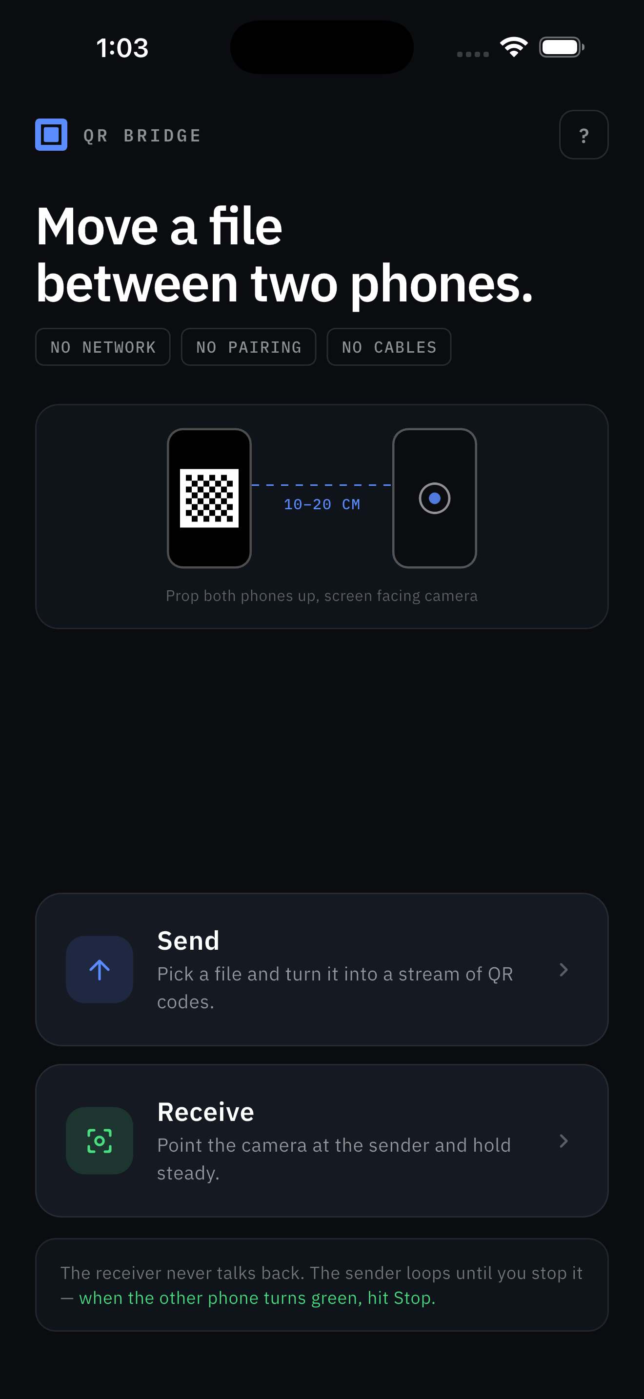 QR Bridge home screen showing Send and Receive options