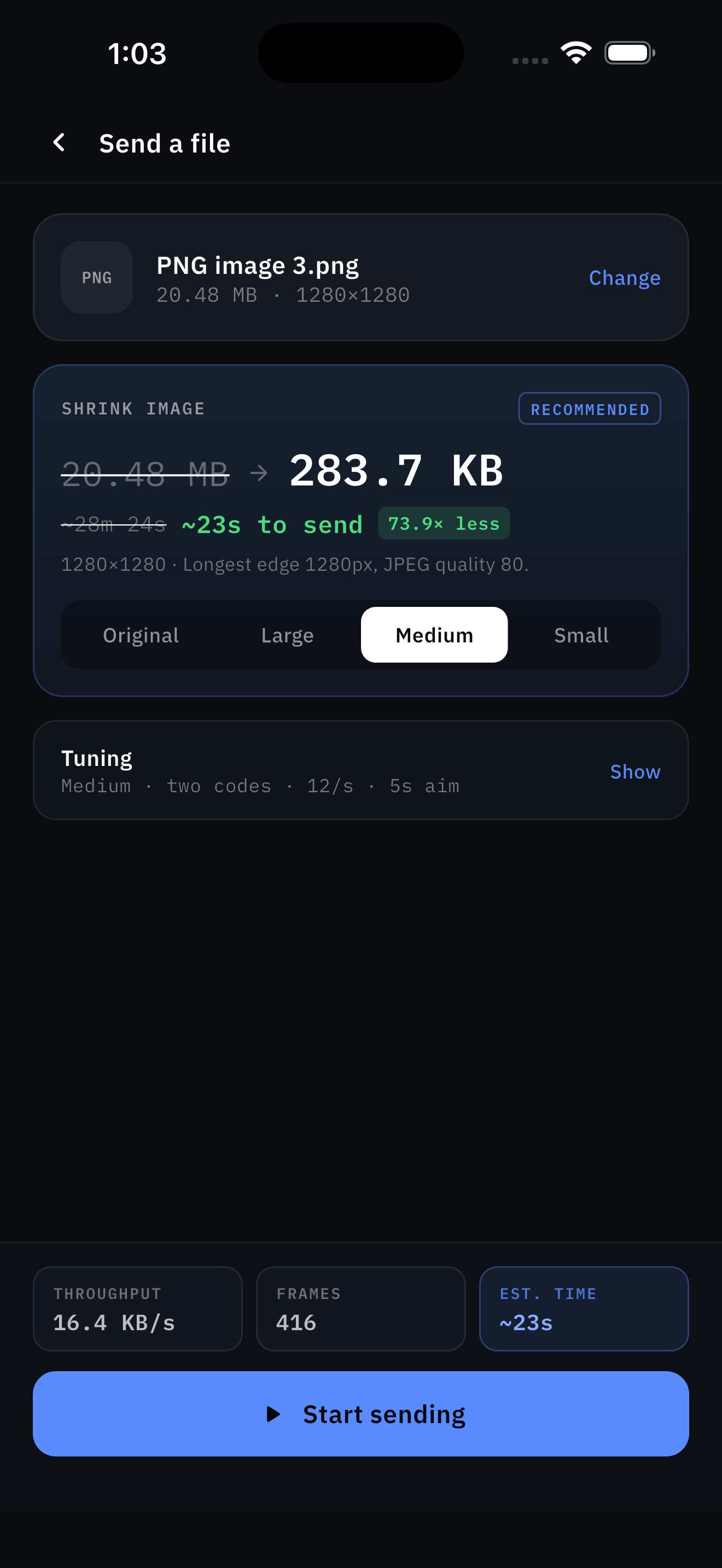 Send setup screen showing a photo shrunk from 1.63 MB to 190 KB
