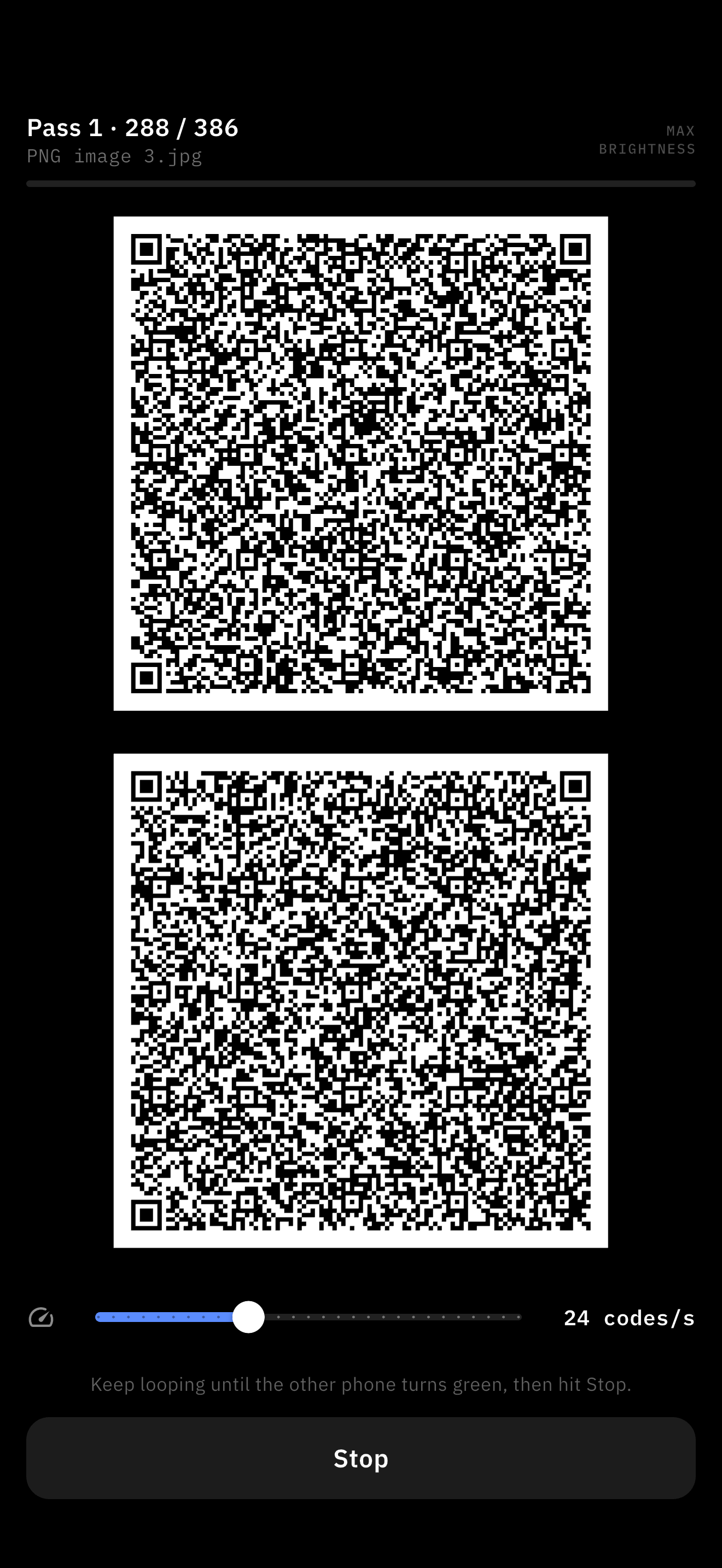 Broadcast screen showing two stacked QR codes filling the display